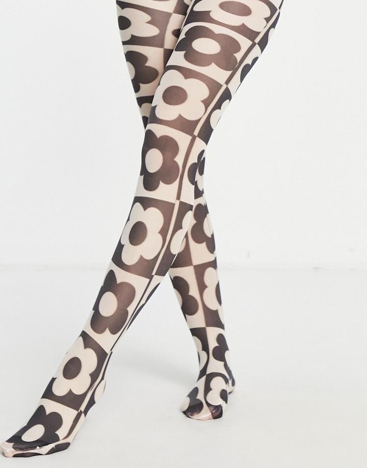 Skinnydip Tights In Monochrome Floral Print-multi