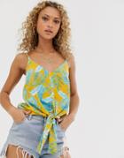 Asos Design Cami With Knot Front In Leaf Print-multi
