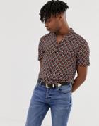 Asos Design Regular Fit Shirt In Geo Print With Revere Collar-brown