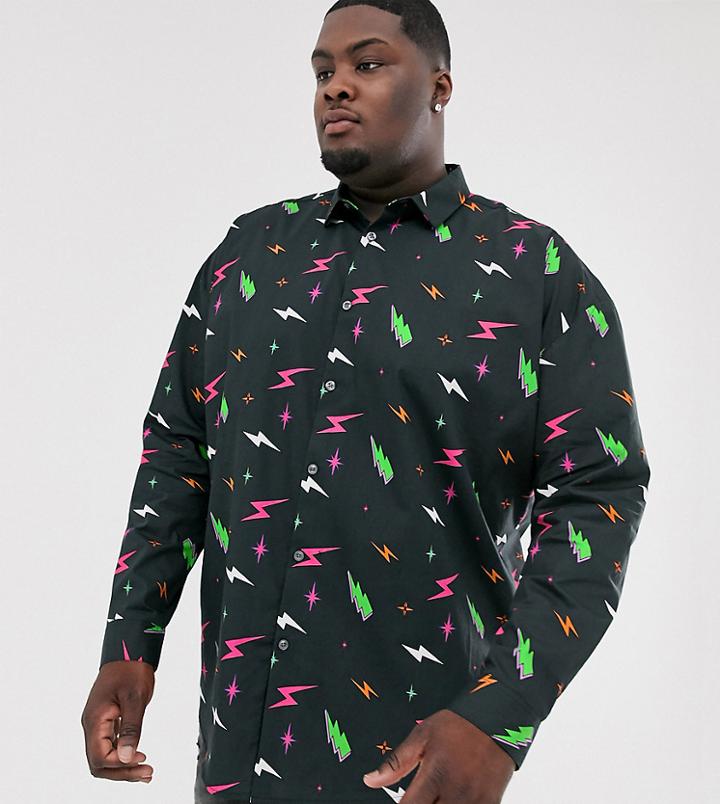 Asos Design Plus Oversized Shirt In Lightning Print-black