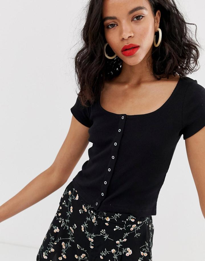 & Other Stories Fitted Ribbed Cotton Top With Button Details In Black - Black