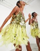 Asos Edition Paillette Sequin Mini Dress With Faux Feather Hem In Yellow