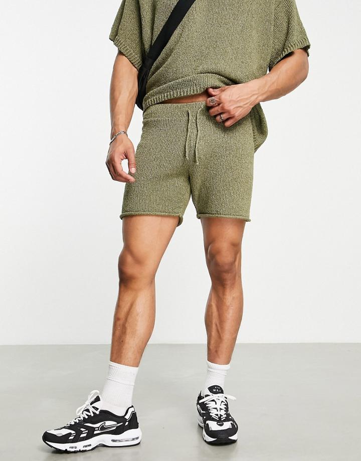 Asos Design Textured Shorts In Khaki - Part Of A Set-green