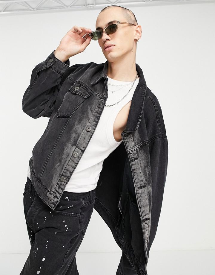 Liquor N Poker Oversized Denim Jacket In Black And Gray Fade Wash - Part Of A Set-multi