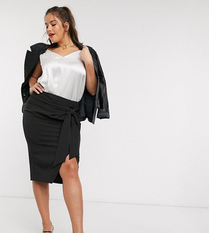 River Island Plus Wrap Midi Pencil Skirt In Black