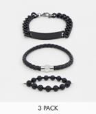 Asos Design Chain And Bead Bracelet Pack In Matte Black - Black