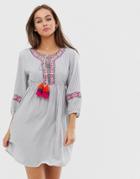 America & Beyond Embroidered Beach Dress-blue