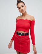 Prettylittlething Frill Edge Bardot Crop Top - Red