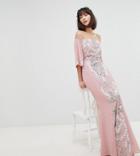 Maya All Over Embellished Bardot Maxi Bridesmaid Dress With Fluted Sleeves - Pink