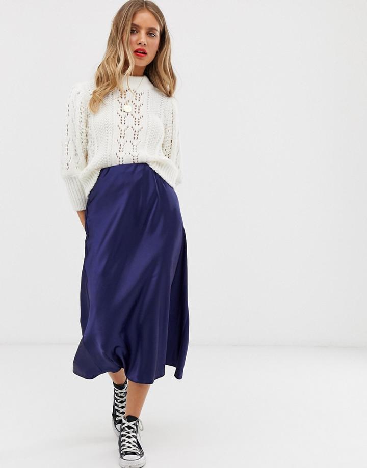 New Look Satin Bias Cut Midi Skirt In Navy - Navy