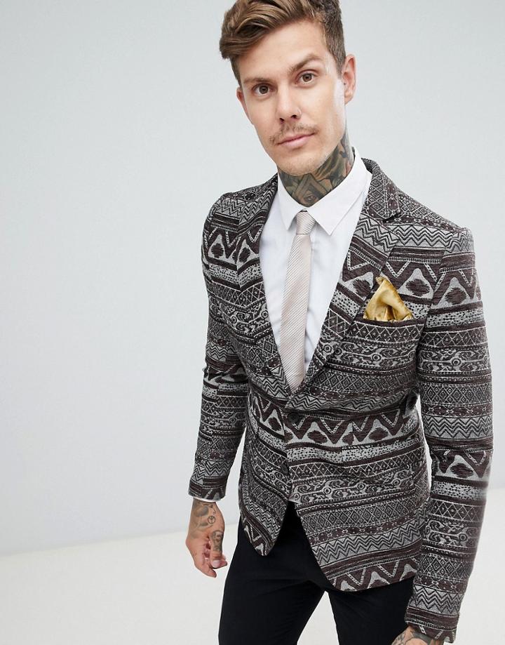 Gianni Feraud Premium Skinny Fit Woven Tapestry Blazer - Gray