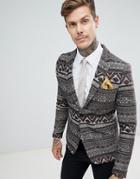 Gianni Feraud Premium Skinny Fit Woven Tapestry Blazer - Gray