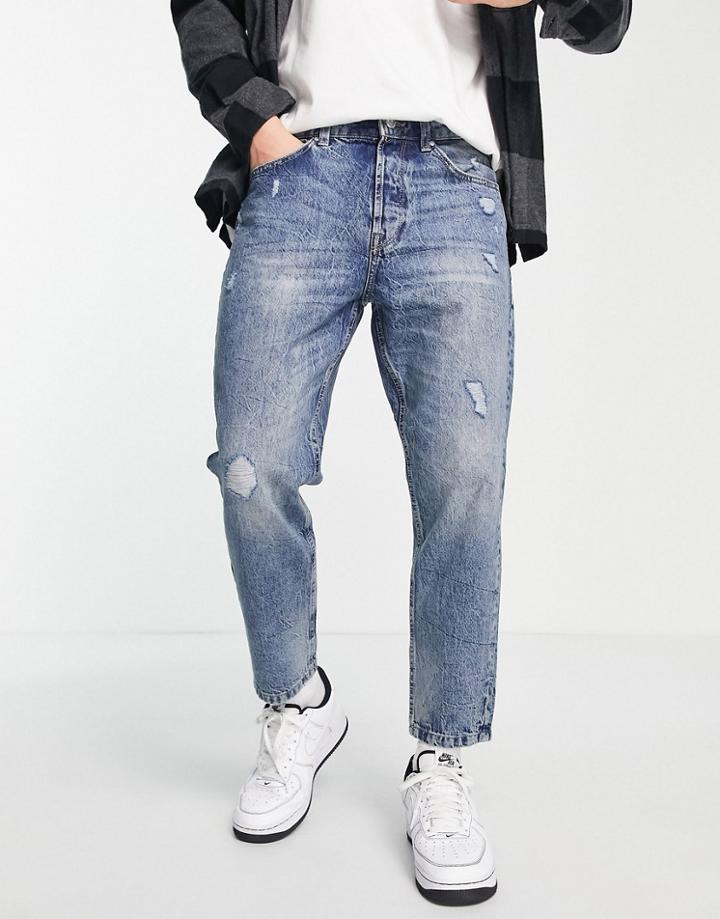 Only & Sons Avi Tapered Crop Jeans With Distressing In Light Blue