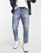 Only & Sons Avi Tapered Crop Jeans With Distressing In Light Blue