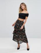 New Look Floral Tiered Midi Skirt - Black