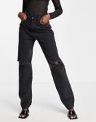 Rebellious Fashion Denim Distressed Knee Extra Long Jeans In Charcoal-black