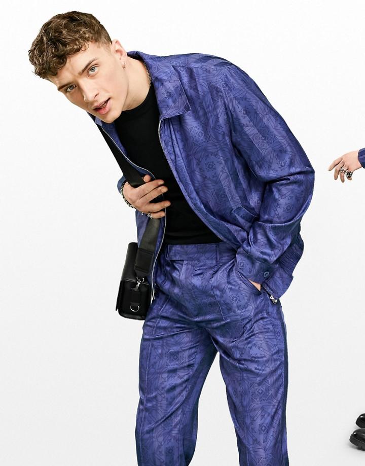 Asos Design Set Smart Harrington Jacket With Blue Abstract Print-blues