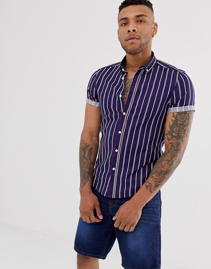 Asos Design Skinny Fit Stripe Shirt In Navy