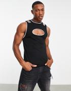 Asos Design Muscle Fit Tank Top In Black With Tape And Cut Out Detail