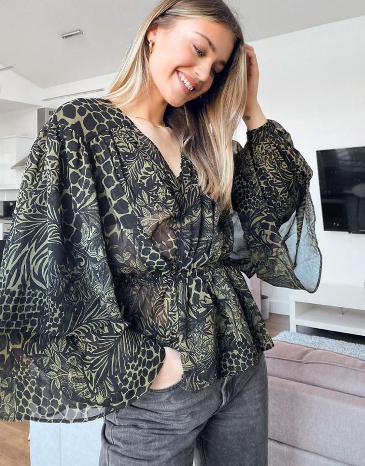 Topshop Idol Ruffle Detail Blouse In Khaki Animal Print-green