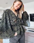 Topshop Idol Ruffle Detail Blouse In Khaki Animal Print-green