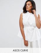 Asos Curve Premium High Neck Cotton Top With Eyelet Detail - White