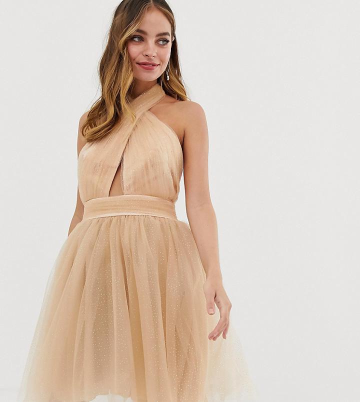 Dolly & Delicious Petite Cross Neck Full Prom Glitter Mini Dress In Tan - Tan