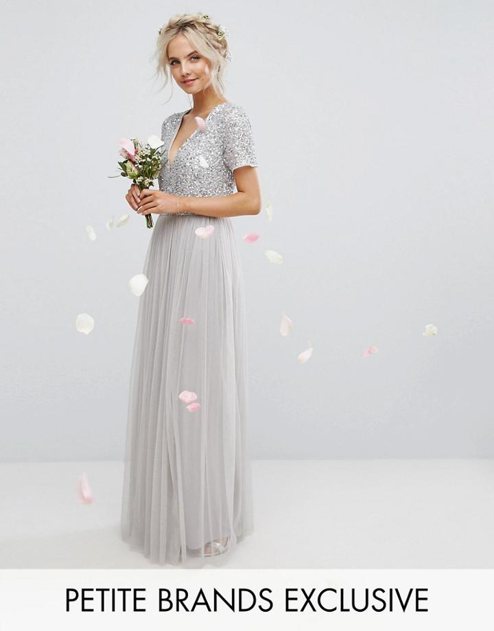 Maya Petite Plunge Neck Embellished Top Maxi Dress With Tulle Skirt - Gray