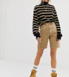 Collusion Long Line Denim Shorts In Sand - Beige