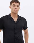 New Look Short Sleeve Satin Shirt With Revere Collar In Black