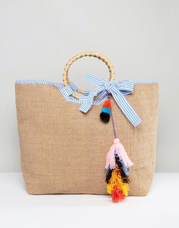 America & Beyond Colorful Tassel Jute Bag - Beige