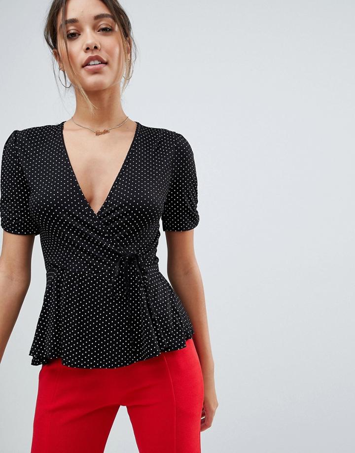 Missguided Polka Dot Plunge Tie Waist Top - Black