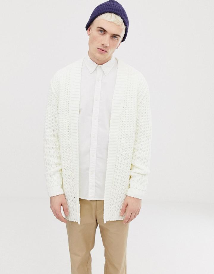 Asos Design Heavyweight Knitted Chenille Cardigan In White - White