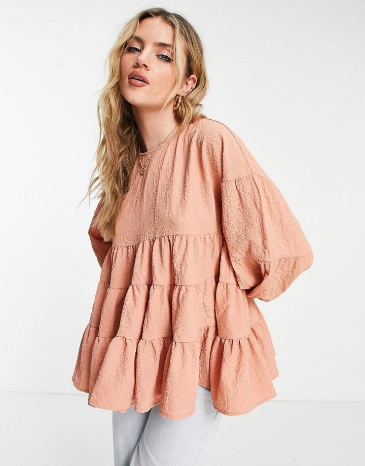 Asos Design Tiered Textured Smock Top In Tan-no Color