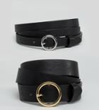 Asos Design Curve 2 Pack Circle Buckle Waist And Hip Belts - Black