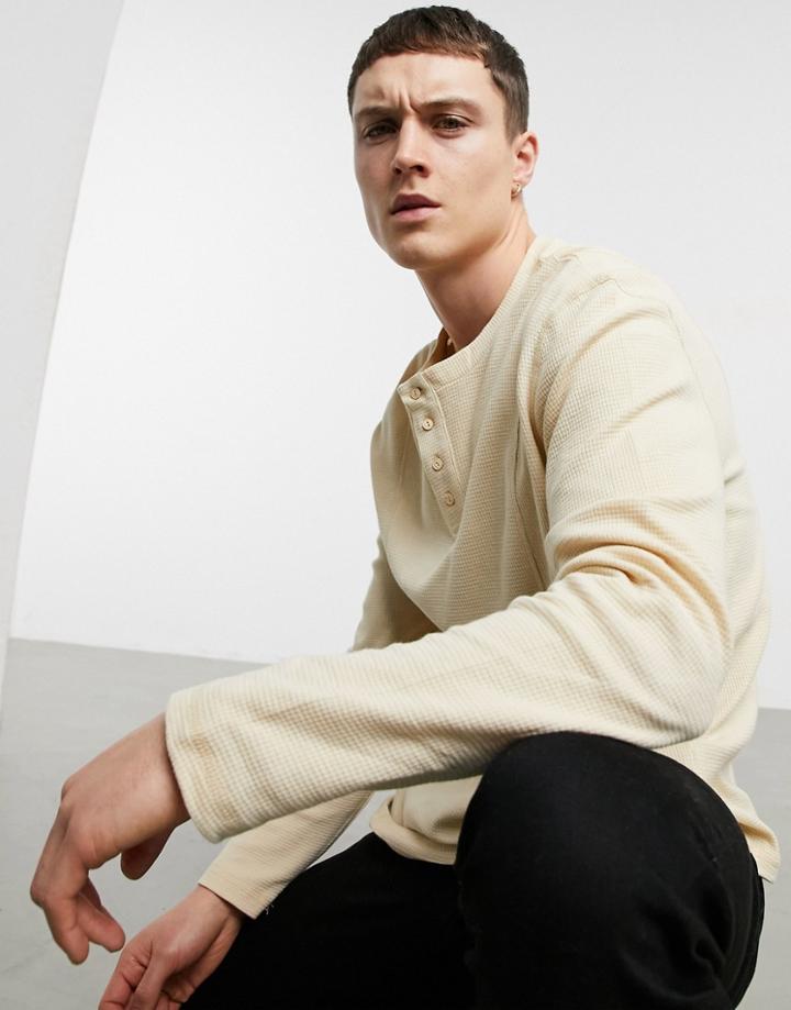 Asos Design Long Sleeve Waffle T-shirt With Grandad Collar In Beige-neutral