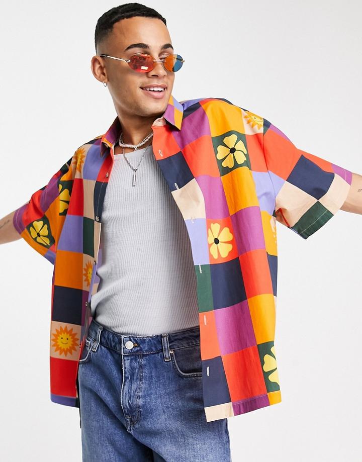 Asos Design Boxy Oversized Shirt In Multi Color Check