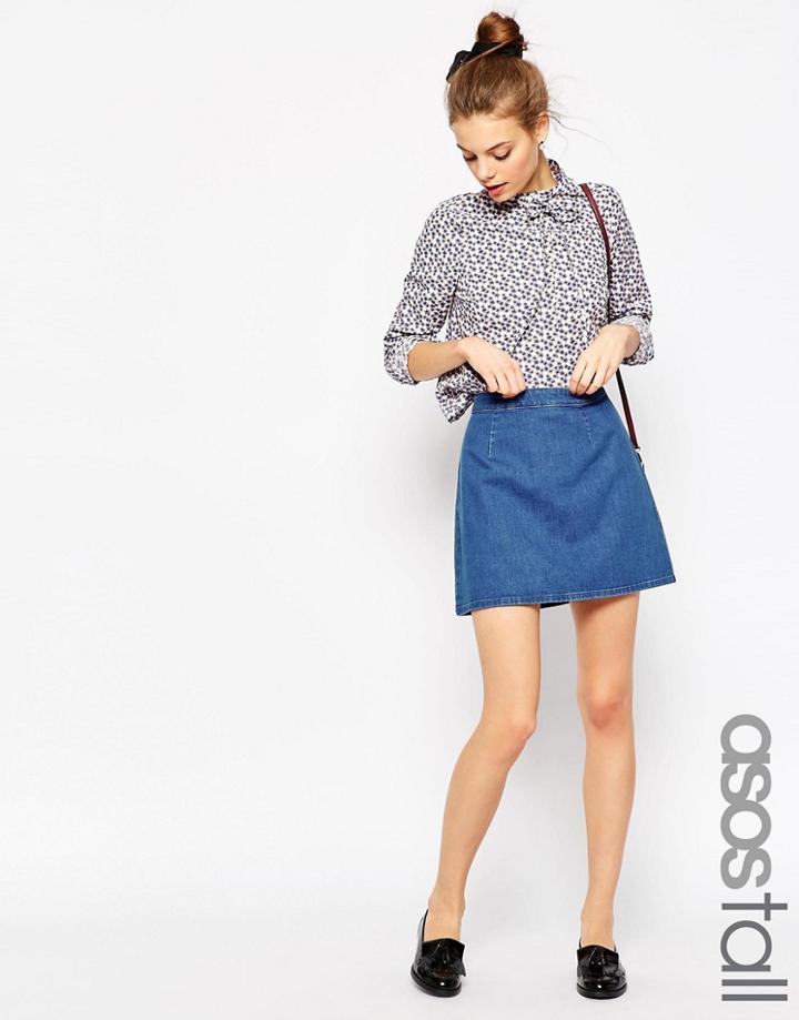 Asos Tall Denim A-line Mini Skirt In Mid Wash Blue - Mid Wash