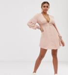 Asos Design Petite Long Sleeve Button Through Mini Dress With Shirred Waist - Pink