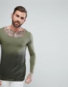 Asos Longline Long Sleeve T-shirt With Raw Scoop Neck And Dip Dye In Khaki - Green