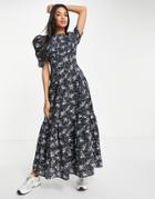 Asos Design Cotton Tiered Midi Dress With Ruched Sleeves And Button Back Detail In Ditsy Floral Print-multi