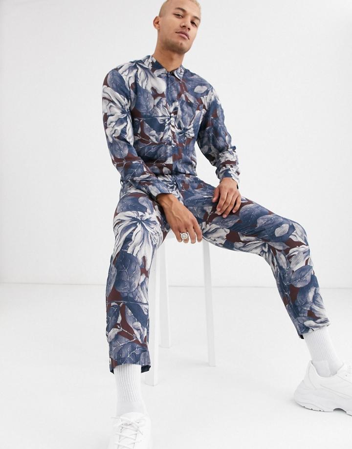 Asos Design Relaxed Jumpsuit With Utility Styling In Floral Print-blue