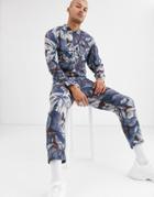 Asos Design Relaxed Jumpsuit With Utility Styling In Floral Print-blue