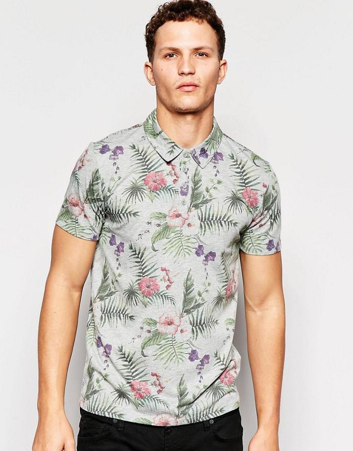 Only & Sons Polo Shirt With All Over Floral Print - Light Gray Marl