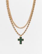 Topshop Green Crystal Cross Pendant Multirow Necklace In Gold
