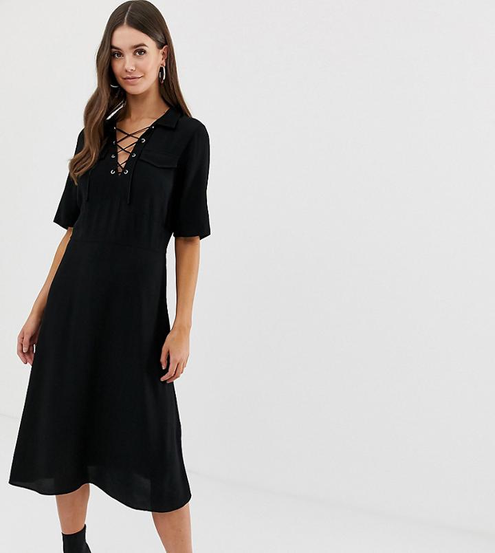 Asos Design Tall Midi Shirt Dress With Lace Up Front-black