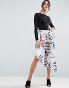 Asos Printed Midi Skirt In Satin With Deconstructed Detail - Multi