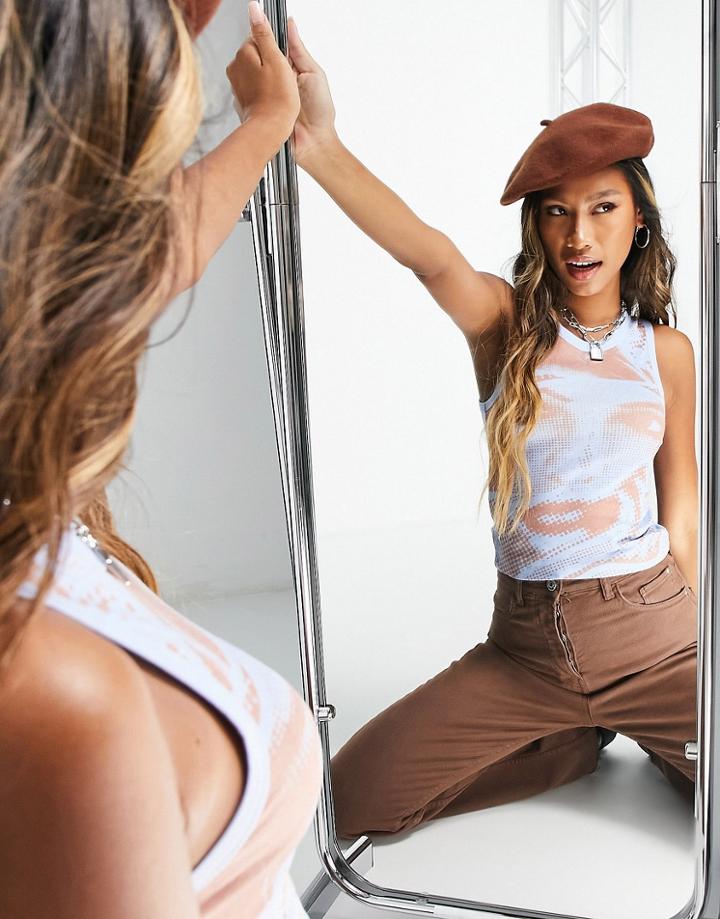 Topshop Face Graphic Tank Top In Brown-multi