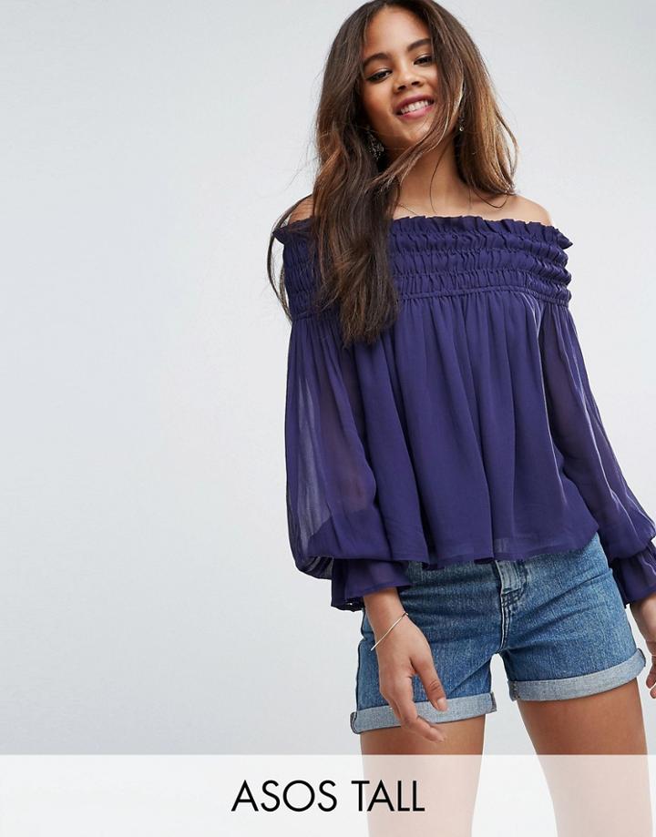 Asos Tall Off Shoulder Top With Shirring - Navy