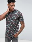 Devote Camo Print T-shirt With Curved Hem - Green